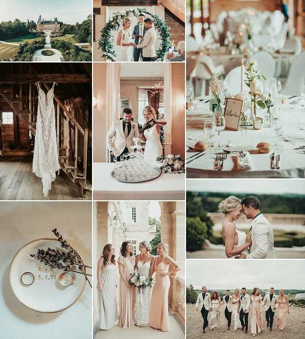 A nine-image collage from a French chateau wedding featuring a variety of moments and details. Top left: an aerial wide shot of a classical French chateau with formal gardens and a circular fountain, surrounded by parkland — potential venue feature image. Top center: the couple exchanging vows under a circular greenery arch with white florals indoors, the bride in a fitted white gown and the groom in a dark suit. Top right: a close-up detail shot of a reception table set with white linens, gold-rimmed glassware, small bud vases with white blooms and greenery, and calligraphy table name cards. Middle left: a detail shot of a lace backless wedding gown hanging from a rustic wooden barn interior with warm wood tones. Middle center: the couple popping champagne over a tray of coupes, the groom in a white dinner jacket and the bride in her fitted gown, taken indoors with warm ambient light. Middle right: a close-up portrait of the couple touching foreheads outdoors with a countryside backdrop, soft natural light. Bottom left: a flat-lay close-up of two gold wedding bands and a small dried floral sprig on a white ceramic dish engraved with initials and the date 5.6.19. Bottom center: the bride with two bridesmaids in blush and white spaghetti-strap gowns on a stone chateau terrace, the bride holding a white and greenery bouquet. Bottom right: a wide group shot of the full wedding party walking along a chateau terrace, the men in white or navy suits and the women in blush and champagne gowns, with a rolling landscape behind them.