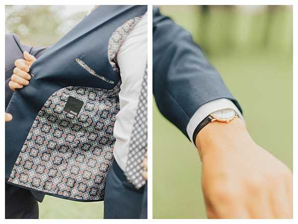 A close-up detail diptych of the groom's attire during the getting-ready or portrait phase. The left panel shows the interior lining of a navy blue Hugo Boss suit jacket, which features a geometric medallion print in navy, dusty rose, and cream tones, held open to reveal the branded label. The right panel shows the groom's wrist wearing a thin round-faced watch with a rose gold case and white dial, paired with the cuffed sleeve of a white dress shirt beneath the navy jacket. Both shots are tight detail/close-up compositions shot outdoors with a soft, blurred green background.