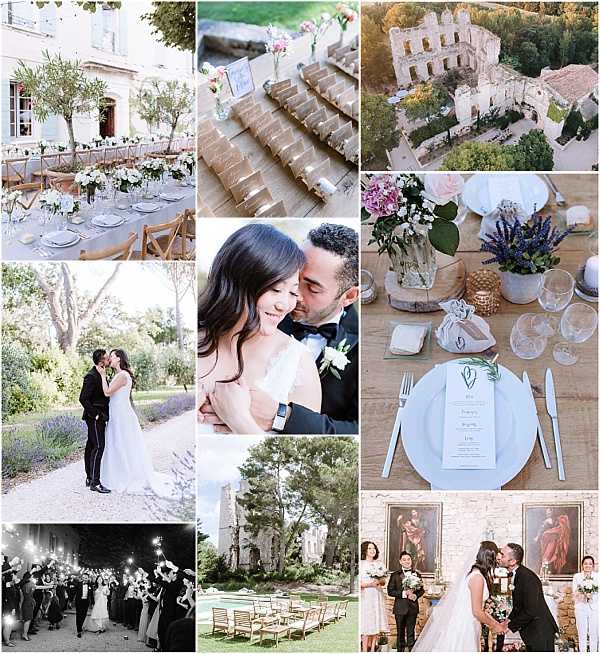 A collage of nine images from a French wedding at what appears to be a historic Provençal estate with partially ruined stone architecture. Top left shows a long outdoor reception table set with gray linen runners, tall floral centerpieces with white blooms, glassware, and natural wood cross-back chairs, arranged in a garden setting. Top center is a flat lay detail of escort cards rolled in kraft paper tied with twine, lined up in rows with small bud vases holding pink and white flowers. Top right is an aerial wide shot of the estate grounds showing a partially ruined stone chateau, manicured gardens, a pool area, and terracotta roofing — potential venue feature image. Middle left is a wide portrait of the bride and groom kissing on a lavender-lined path, the bride in a white gown with a long train and the groom in a black tuxedo. Center middle is a close-up portrait of the couple, the bride smiling with the groom leaning close, she wears a strapless white gown. Middle right is a flat lay detail of a place setting on a rustic wood table featuring a white plate with a printed menu card, silverware, glassware, and a low centerpiece of pink, white, and lavender blooms with a small potted lavender plant and amber votive candles. Bottom left is a nighttime wide shot of the wedding party and guests holding sparklers, rendered in a dark, high-contrast style. Bottom center is a wide outdoor shot of the ceremony setup on a lawn with white wooden chairs arranged in rows facing the stone ruins. Bottom right shows the bride and groom kissing at the altar during the ceremony, flanked by guests, with large antique oil paintings hanging on stone walls in the background.