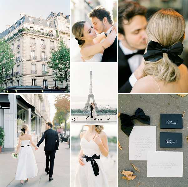 A six-image collage from a Paris elopement or editorial shoot featuring a bride in a white spaghetti-strap gown with a black satin sash bow and a groom in a black tuxedo. Images include: a Haussmann-style building exterior with the Hotel Kleber signage visible; a close-up portrait of the couple nearly kissing; a detail shot of the bride's blonde low ponytail styled with a large black satin bow; a wide shot of the couple walking hand-in-hand along a Parisian boulevard, the bride carrying a small white bouquet; a wide shot of the couple standing before the Eiffel Tower at Trocadéro with pigeons on the ground; a close-up of the bride's black satin waist bow; and a flat-lay of the stationery suite featuring white cards with calligraphy script, dark navy/charcoal place cards reading 'Mariée' in white lettering, and two black satin bows as styling accents. The overall color palette is strictly black and white with a classic, Parisian editorial aesthetic. Potential venue feature image.