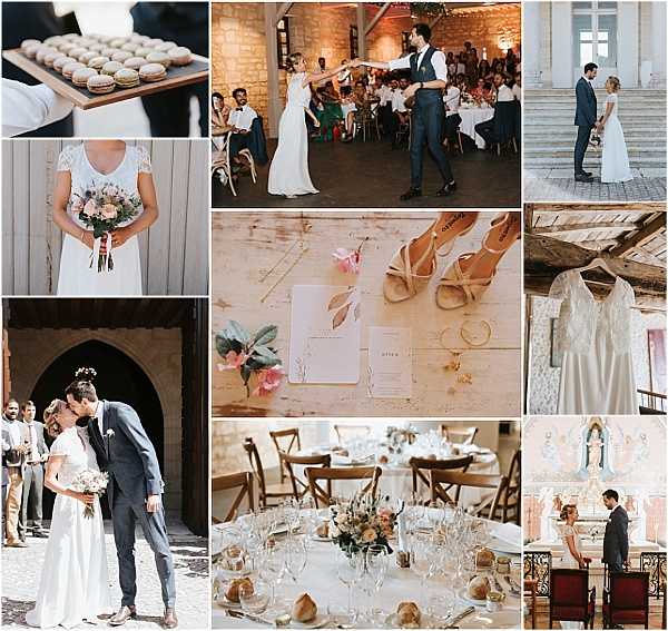 A nine-image collage showcasing various moments from a French wedding with a soft, romantic palette of blush, ivory, and navy. Top row features: a close-up detail shot of pastel macarons (beige, pale pink, ivory) arranged on a wooden tray held by a server in white gloves; a wide reception shot inside a stone-walled venue where the bride in a white lace cap-sleeve gown and groom in a navy suit perform what appears to be a first dance or game in front of seated guests at white-clothed tables; and a portrait of the couple standing on stone steps, bride in a flowing white gown and groom in a navy suit. Middle row includes: a portrait crop of the bride holding a loose bouquet of blush pink and dusty rose flowers with greenery and ribbon streamers; a flat lay of wedding stationery in blush pink with botanical illustrations, nude block-heel sandals, gold rings, and a small pink floral bloom on a whitewashed wooden surface; and a close-up of the bride's white lace-back dress hanging from a wooden beam. Bottom row shows: a couple kissing under a stone archway surrounded by guests, with the bride holding a blush and ivory bouquet; a reception table detail featuring cross-back wooden chairs, white linens, crystal glassware, and low centerpieces with blush and peach blooms; and a portrait of the groom standing inside an ornate chapel or historic room with painted wall panels and decorative ironwork. The overall styling is classic French with rustic stone venue elements, blush florals, and navy attire.