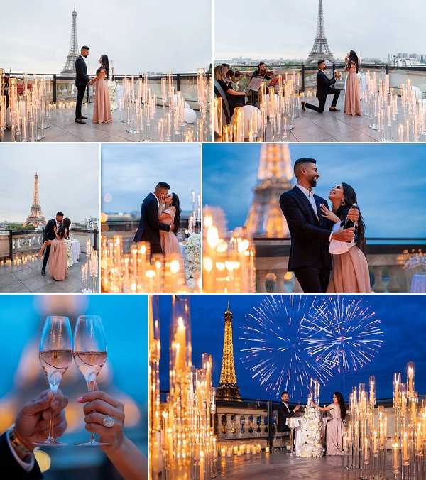 A six-image collage documenting an outdoor rooftop marriage proposal in Paris, with the Eiffel Tower visible in the background of each shot. The setting features dozens of tall, thin candle holders arranged across the terrace creating a forest of warm candlelight. The woman is wearing a blush pink floor-length gown and the man is dressed in a dark navy suit. Scenes captured include: the couple standing face-to-face among the candles, the man on one knee proposing while a live violinist performs nearby, a dip kiss among the candles, a close-up portrait of the couple laughing with the Eiffel Tower softly blurred behind them, a detail close-up of two champagne flutes being clinked with a diamond engagement ring visible on the woman's hand, and a wide shot of the couple on the terrace as fireworks burst above the Eiffel Tower. A white floral arrangement is visible near the proposal setup. The overall decor palette combines warm amber candlelight with soft blush tones against a blue dusk sky.