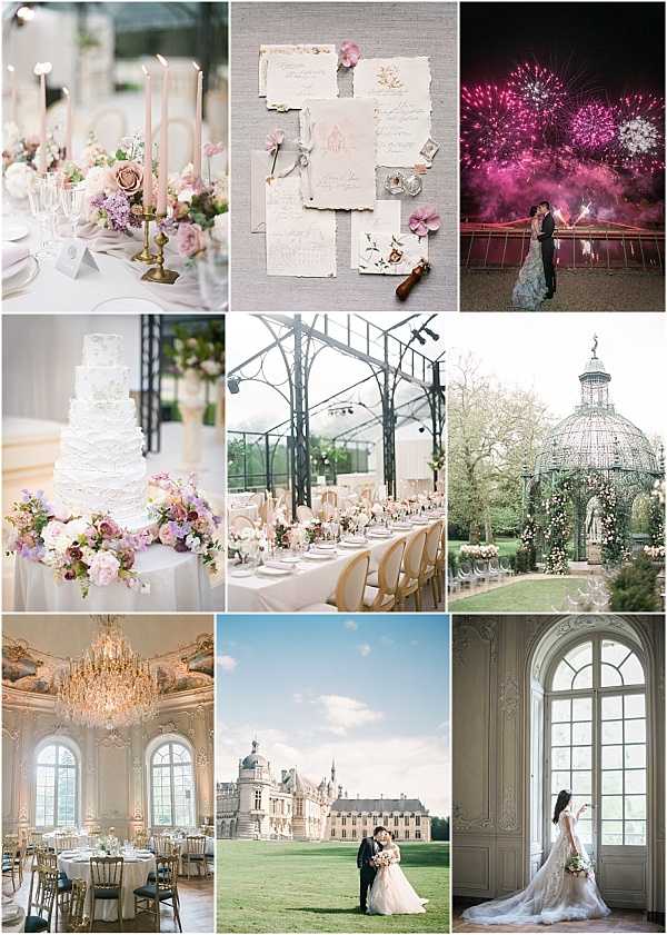 A nine-image collage showcasing various elements of a French château wedding with a blush, ivory, and gold palette throughout. Top row: a close-up of a reception table with tall taper candles in brass candlesticks, blush and mauve floral centerpieces, and crystal glassware; a flat lay of handwritten calligraphy stationery suite on deckle-edged paper with dried floral accents and a wax seal; a couple portrait at night with vivid pink and purple fireworks exploding behind them. Middle row: a four-tier white textured wedding cake surrounded by a cascade of blush, mauve, and ivory florals including roses and ranunculus; an indoor greenhouse or orangerie reception setup with iron-and-glass roof structure, long tables with white linens, blush florals, and gold chiavari chairs; an outdoor ornate iron-and-glass domed gazebo structure covered in white florals with a formal garden ceremony setup visible. Bottom row: a grand ballroom interior with gilded moldings, oversized crystal chandeliers, arched windows, and round tables with blue-grey chair cushions; a couple portrait on a wide lawn in front of a large French château in full daylight; a bride in a long-trained lace gown standing in profile before a tall arched window with ornate white paneling. Potential venue feature image.