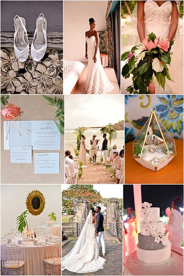 A nine-image collage showcasing a tropical destination wedding with a coastal, natural aesthetic. Details include: white slingback heeled sandals resting on a carved floral stone surface; a bride in a fitted strapless mermaid gown with textured fabric standing indoors near a colorful doorframe; a close-up of a bridal bouquet featuring coral and pink tropical blooms with large green leaves held against a lace bodice; light blue wedding stationery suite with a coral peony and delicate gold necklace as styling accents; an outdoor beach ceremony with a wooden arch decorated with tropical greenery, the couple exchanging vows on a sandy aisle lined with white-clad guests; a gold geometric terrarium ring holder containing rings and small shells on an orange surface; a reception table styled with blush pink linens, acrylic ghost chairs, crystal candelabras, and a small potted palm, beside a gold sunburst mirror on a yellow wall; the couple sharing a moment beneath a stone archway surrounded by tropical trees, the groom in a navy blazer and white trousers and the bride in a cathedral-length veil; and a three-tier wedding cake featuring a silver glitter middle tier, white fondant top and bottom tiers with white sugar flowers, displayed under pink lighting.