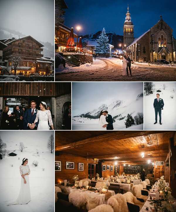 A collage of seven images from a winter mountain wedding, likely in Megève or a similar French Alpine village. The venue exteriors show a traditional wooden chalet-style hotel dusted in snow and a lit village square at dusk featuring a stone church with a clock tower, a decorated Christmas tree, and warm street lighting against deep blue twilight sky — both are wide establishing shots. The ceremony exit image shows the bride and groom walking through an arched doorway surrounded by guests; the bride wears a long-sleeved lace top with a simple ivory skirt and a headband, while the groom wears a navy suit with a white boutonniere. Two outdoor couple portraits show them in a vast snowy alpine landscape with mountain peaks in the background — one is a close embrace shot, the other a solo full-length portrait of the groom in his navy suit. A solo bride portrait in deep snow shows her full lace-sleeve ivory gown against a white winter landscape. The reception room image shows a warm, wood-paneled alpine interior with low pendant lighting, long tables dressed in white linens with white faux-fur chair covers, candles, and white floral centerpieces, styled in a cozy rustic alpine theme. Potential venue feature image.
