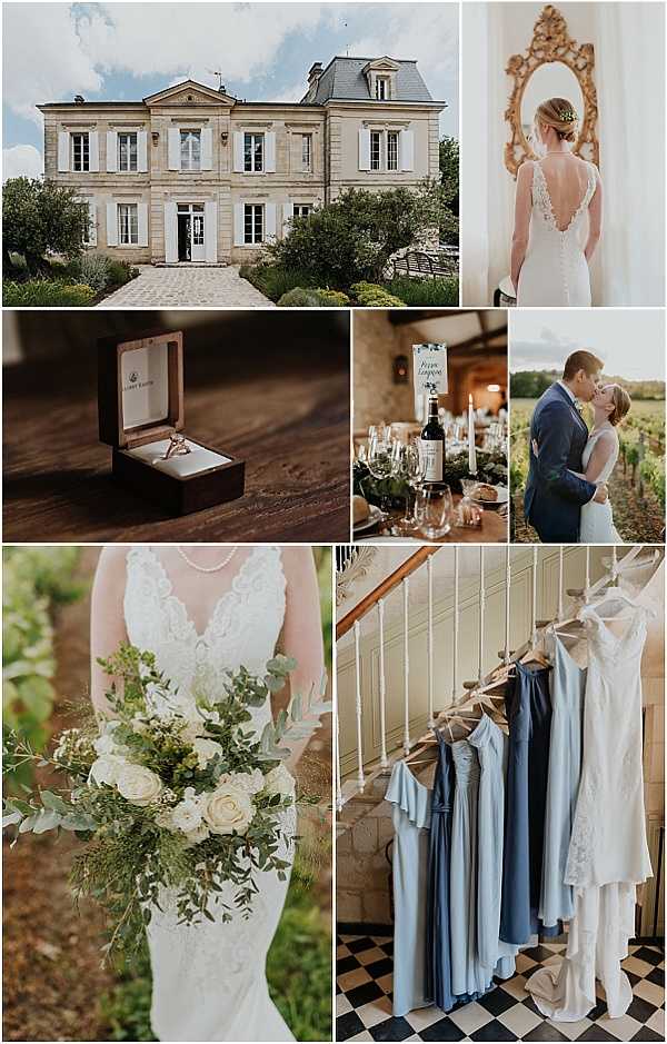 A six-image collage showcasing various elements of a French chateau wedding. The top-left features a two-story limestone chateau with a grey mansard roof, symmetrical facade, and formal entrance pathway — Potential venue feature image. The top-right shows the bride from behind in a fitted lace gown with a deep V-back and scalloped lace trim, reflected in an ornate gold-framed mirror during a getting-ready moment. The middle-left is a close-up detail shot of a diamond engagement ring in an open dark wood ring box on a wooden surface. The middle-right shows the couple sharing a kiss outdoors beside a vineyard, the groom in a navy suit and the bride in her lace gown, with a candlelit reception table set with wine glasses, a wine bottle, and greenery visible in the background. The bottom-left is a portrait close-up of the bride holding a loose, garden-style bouquet of ivory roses, white blooms, and trailing eucalyptus and greenery, with a pearl necklace visible. The bottom-right shows three dusty blue bridesmaid dresses and one white dress hanging from a staircase banister inside the chateau, above a black-and-white checkered tile floor, captured as a getting-ready detail shot.