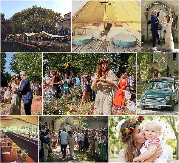 A collage of nine images from an outdoor boho-style wedding set at a French countryside property, likely a chateau or domaine. The venue features a large white stretch tent set up on the grounds near a body of water, and stone archways draped with greenery and flowers. The bride wears a flowing white embroidered dress with a floral crown of sunflowers and mixed blooms, and is seen during the outdoor ceremony walking the aisle amid a crowd of casually dressed guests seated on colorful rugs. Additional images show: the interior of a bell glamping tent with floor cushions in teal and layered rugs in a boho style; the couple posing under a stone arch covered in greenery; a father-daughter dance moment on a patterned rug outdoors; the wedding party exiting through a stone arch corridor lined with guests; a vintage teal Mini Cooper decorated as a getaway car; a long reception table under the stretch tent set with wooden elements and wildflower arrangements; and a close-up portrait of a woman wearing a vibrant mixed floral crown kissing a baby dressed in pink. The overall styling is relaxed boho with warm earth tones, natural florals including sunflowers and wildflowers, and a mix of rugs, canopy tents, and rustic stone architecture.