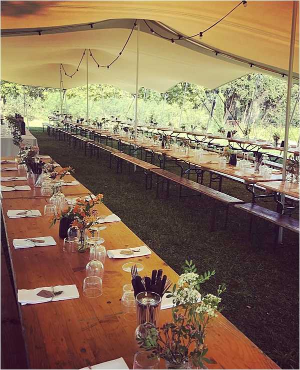 A wide shot of a wedding reception setup inside an open-sided stretch tent on a grass lawn, surrounded by trees. Multiple long wooden farmhouse-style tables are arranged in parallel rows, paired with simple wooden bench seating. Each place setting includes white linen napkins, clear glassware, and black-handled cutlery presented in glass cups. Small bud vases and glass bottles hold loose arrangements of orange, yellow, and white wildflowers with greenery, creating an informal, rustic-style tablescape with an earthy, autumnal palette. Festoon bulb lights are strung along the tent ceiling, and no guests are present, indicating this is a pre-reception setup shot.