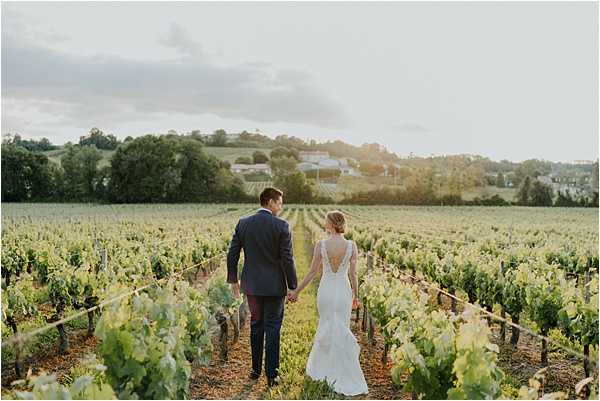 A bride and groom stand hand-in-hand facing away from the camera in the middle of a vineyard, walking between rows of grapevines during golden hour. The bride wears a fitted, mermaid-style white lace gown with an open, low-cut back featuring a keyhole or strappy detail, and her hair is worn up. The groom is dressed in a navy blue suit. The wide-angle portrait composition captures the couple small against the expansive vineyard landscape, with rolling hills and a cluster of white buildings visible in the background under soft, warm late-afternoon light.