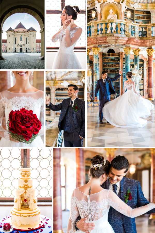 A collage of seven wedding photographs from what appears to be a styled shoot or wedding at a historic baroque venue, likely a monastery or palace library in Germany or Austria. The bride wears a long-sleeve ivory lace ball gown with an illusion neckline and a floral hair accessory, while the groom wears a navy blue textured suit jacket with a dark tie and a deep red boutonniere. Key shots include: an exterior arch framing a large baroque church or abbey with a cobblestone courtyard; a bridal portrait close-up showing the lace bodice detail paired with a large bouquet of deep red roses; the groom raising a champagne flute and smiling inside an ornate gilded library interior with teal and gold baroque architecture; the couple dancing and twirling in the same grand baroque library with marble floors and floor-to-ceiling bookshelves; a close portrait of the couple embracing and laughing, the bride's lace back buttons visible; and a detail shot of a four-tier ivory and gold wedding cake decorated with gold scrollwork and a red heart centerpiece, placed on a blue base with scattered red rose petals. The overall decor palette is deep red, navy, ivory, and gold with a classic baroque styling theme. Potential venue feature image.