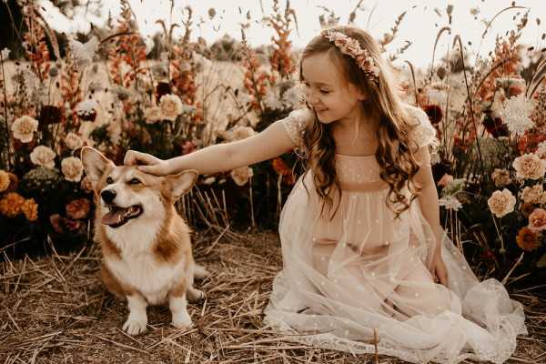 A flower girl wearing a blush tulle dress with dotted embroidery and a floral crown of dusty rose and terracotta blooms sits on hay, petting a corgi dog. The setting is an outdoor styled area with a dense floral installation in the background featuring burnt orange, terracotta, cream, and mustard yellow flowers including what appear to be dahlias, marigolds, and dried grasses, creating a warm autumnal boho aesthetic. The portrait-style shot is taken at ground level, capturing the girl smiling down at the dog in a candid, relaxed moment. The overall color palette is warm and earthy, consistent with a rustic or bohemian wedding styling theme.