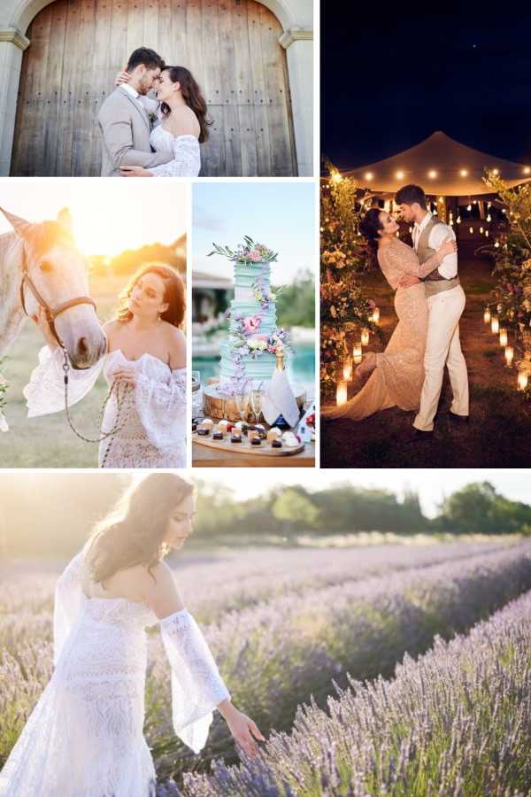 This image is a collage of five wedding photographs featuring what appears to be the same bride and couple throughout. Top left: a couple sharing a near-kiss portrait in front of large rustic wooden doors, with the groom in a light grey suit and the bride in an off-shoulder white lace gown. Middle left: the bride in a boho-style long-sleeve lace off-shoulder dress poses with a light-colored horse at golden hour, warm backlight creating a sun-flare effect. Center: a detail shot of a multi-tiered mint green wedding cake decorated with colorful pink, peach, and lavender florals, displayed on a wooden slice with champagne flutes and small desserts nearby. Right: a nighttime portrait of the couple embracing at the entrance of a stretch tent venue, the bride wearing a heavily embellished gold sequin gown with a train, the pathway lined with glass candle holders and large floral arrangements, with festoon and drop string lights overhead. Bottom: a wide portrait of the bride in the white long-sleeve lace gown walking through rows of blooming lavender fields at golden hour, reaching down to touch the lavender. The overall styling theme is boho-romantic with rustic, candlelit, and natural outdoor settings.