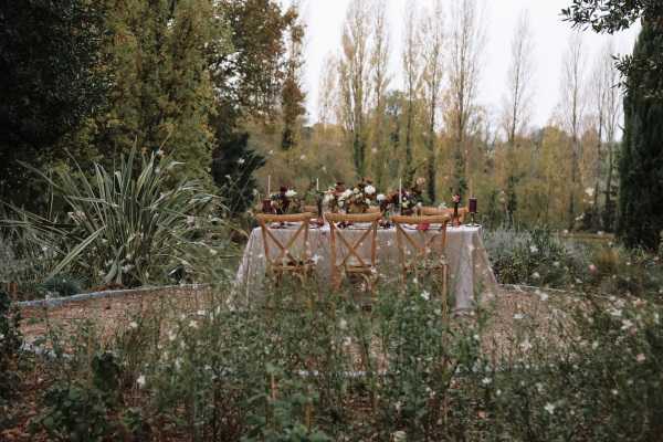 An outdoor styled reception table setup photographed from a medium distance in a garden setting, with wild low-growing plants in the foreground partially obscuring the view. The sweetheart or small dining table is dressed in a white or ivory linen tablecloth and flanked by two natural wood cross-back chairs. The centerpiece includes a floral arrangement combining deep burgundy/wine-toned blooms and white flowers, with tall dark taper candles in matching candlesticks on either side. The overall decor palette mixes warm terracotta, burgundy, and white, suggesting an autumn rustic-romantic styling theme. The wide shot captures the table within a naturalistic garden landscape with tall poplar and cypress trees in the background, giving the scene an autumnal, overgrown atmosphere.