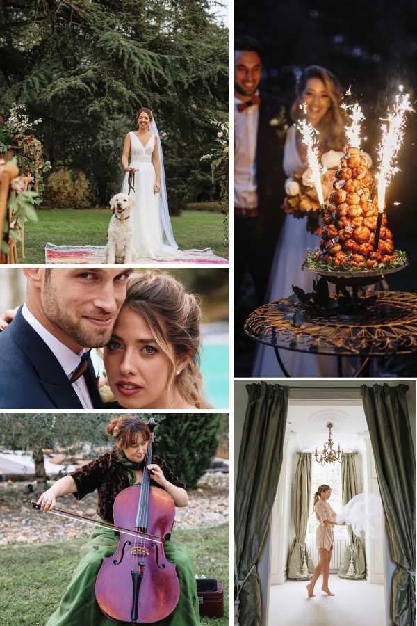A collage of five wedding images from what appears to be the same French wedding event. Top left: a bride in a white V-neck gown with a long veil stands outdoors on a colorful rug in front of a floral arch decorated with warm-toned blooms, holding the leash of a white golden retriever dog, wide portrait shot in a garden setting. Top right: a couple stands behind a croquembouche tower decorated with white flowers and lit with sparklers, shot in dark evening lighting with the groom wearing a navy suit and bow tie and the bride in a white gown, close-up portrait. Middle left: a close-up portrait of the couple, the groom in a navy suit and the bride with loosely pinned hair, photographed near a pool with blue water visible in the background. Bottom left: a female cellist performing outdoors, wearing a dark fur-trimmed jacket and green skirt, playing a warm-toned cello in a garden setting, medium portrait shot. Bottom right: a bride in a blush pink short robe holds her white wedding gown while standing barefoot at a tall arched window framed by floor-length olive green velvet drapes, with a chandelier visible above, wide portrait shot taken from outside the window looking in.