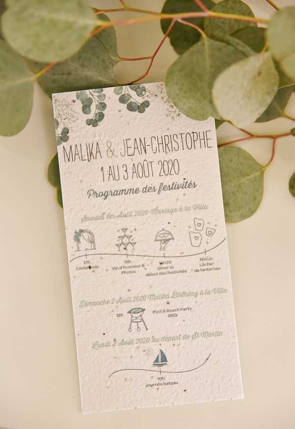 Close-up flat lay of a wedding weekend itinerary card for Malika and Jean-Christophe, dated 1 to 3 August 2020, printed on textured seed paper with a watercolor eucalyptus motif at the top. The card, titled 'Programme des festivités,' outlines three days of events including a ceremony, vin d'honneur, photos, dinner, lantern release, a pool and beach BBQ party, and a boat day departing from Saint-Martin, each illustrated with small hand-drawn icons. The card is printed in a muted sage green and warm grey palette with a casual, nature-inspired design style. Real eucalyptus branches are arranged around the card as styling props against a light neutral background.