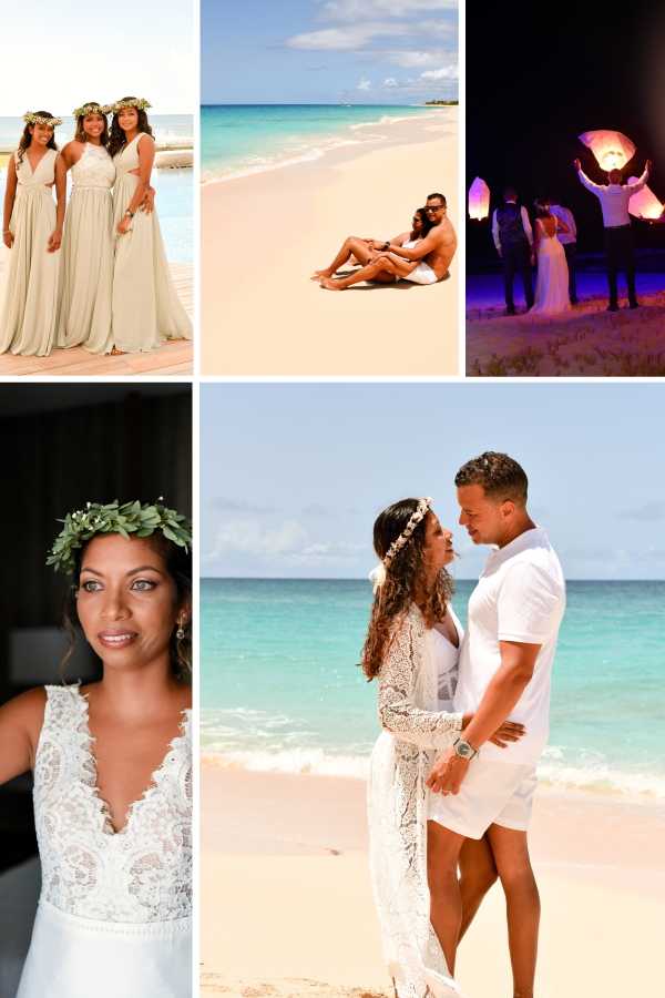 A collage of five images from a tropical beach wedding with a boho coastal style. Top left: three bridesmaids in floor-length sage/champagne chiffon dresses with floral and greenery crowns, standing on a wooden dock or terrace with turquoise water behind them, wide group shot. Top center: the couple seated casually on white sand beach in an informal portrait, wide shot with turquoise ocean in the background. Top right: a nighttime shot of a small group of people, including the bride in a white dress, releasing glowing sky lanterns on the beach, with purple ambient lighting, wide shot. Bottom left: a close-up portrait of the bride wearing a V-neck lace wedding dress and a full greenery crown with small white florals, hair and makeup done. Bottom right: a couple portrait on the beach, the groom in all-white short-sleeve shirt and shorts, the bride in a long-sleeve lace boho wedding dress with a floral headband, facing each other closely with the turquoise ocean behind them.