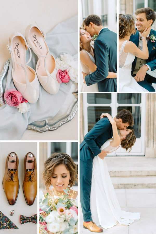 A six-image collage showcasing details and couple portraits from a French wedding with a classic-romantic style. Top left is a flat-lay detail shot of ivory Repetto T-strap heels styled on a silver tray with a pale blue fabric and pink garden roses. Bottom left shows a flat-lay of tan cognac leather Oxford shoes with shoe trees, a floral navy bow tie, and gold cufflinks. The center-bottom portrait shows the bride holding a bouquet of white and blush blooms with eucalyptus and greenery, wearing a delicate crystal headpiece, with softly styled short wavy hair. The couple portraits on the right show the bride in a minimalist ivory sleeveless gown and the groom in a navy teal suit with a floral boutonnière; they are pictured in close intimate poses and a dip-kiss in front of tall classical French windows, suggesting a chateau or Haussmann-style building exterior. The overall decor palette is ivory, blush, navy, and sage green, with a refined classic French aesthetic.