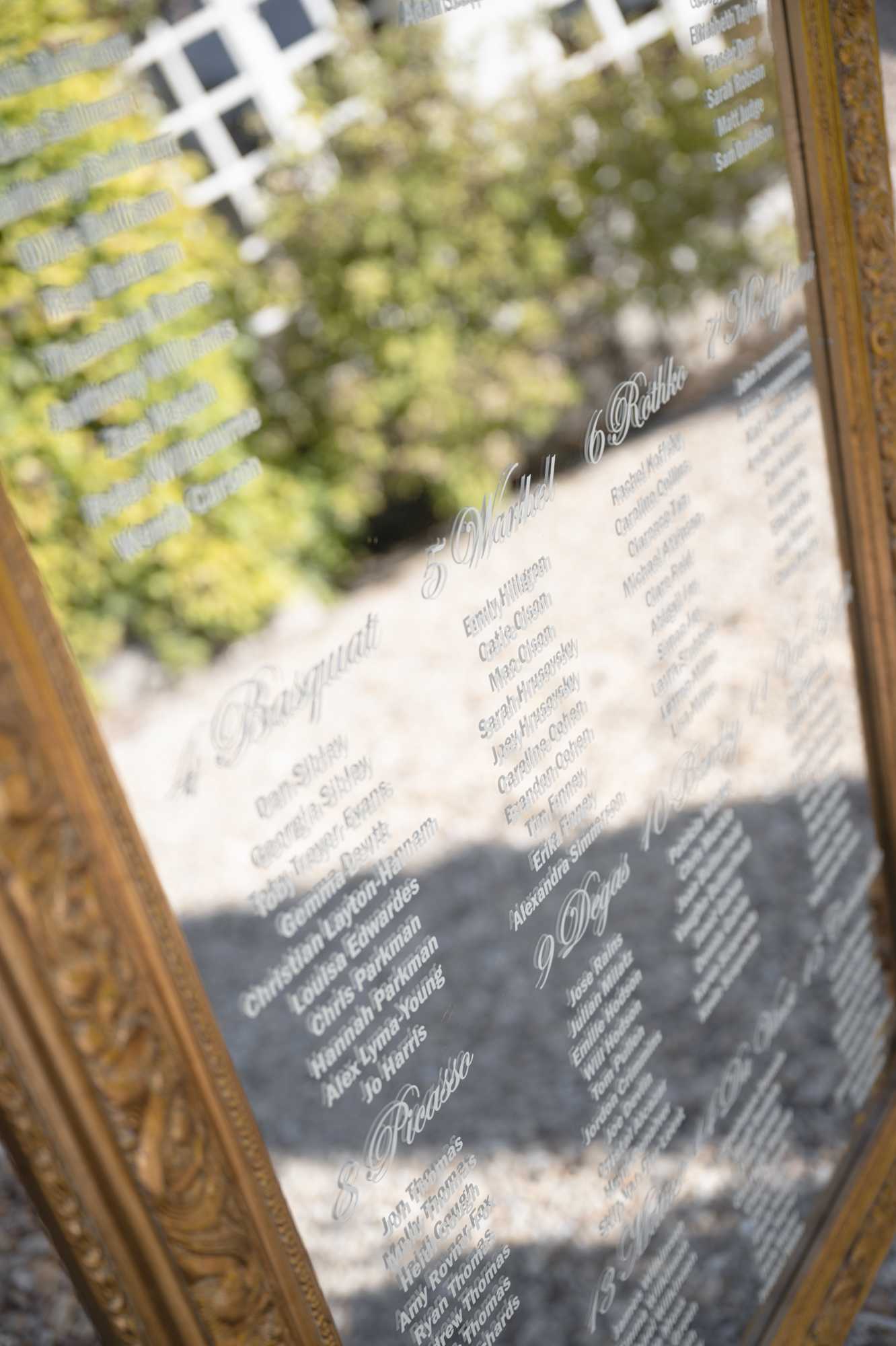 Close-up detail shot of a wedding seating chart written in white calligraphy script on a large mirror with an ornate gold-painted carved frame. The table names are themed after artists — visible names include Basquiat, Warhol, Rothko, Degas, Picasso — with guest names listed beneath each. The mirror is positioned outdoors, reflecting a white lattice structure and garden foliage in the background. The image is shot at an angle, causing the right side of the mirror to fall slightly out of focus, while the left portion with the gold frame is sharp.