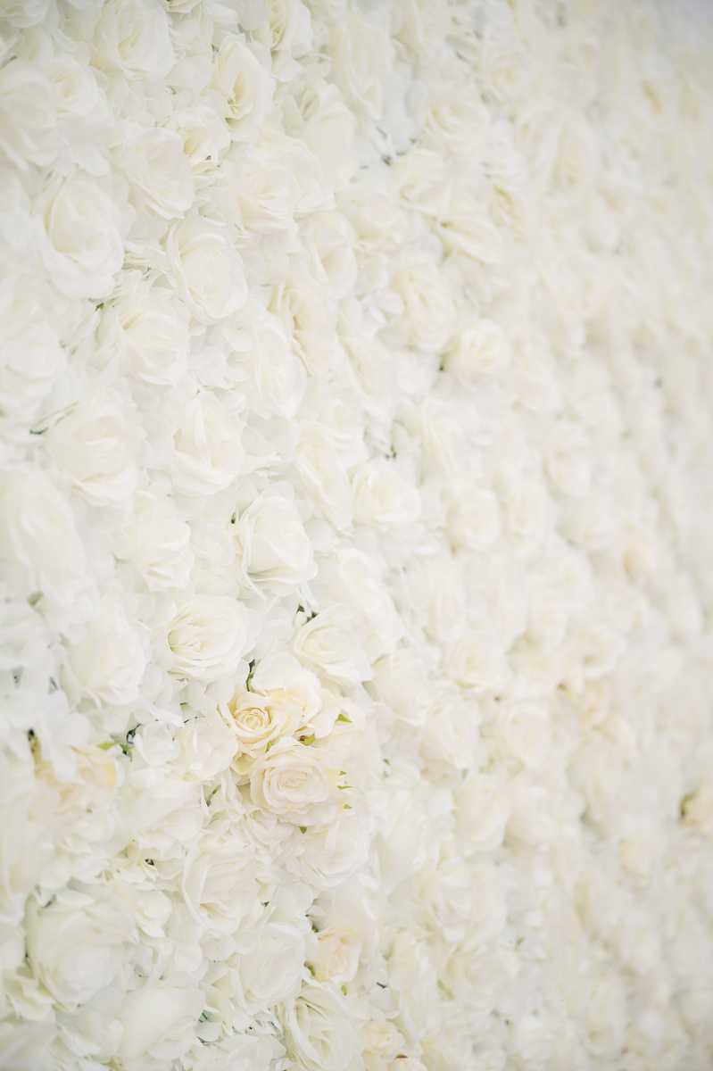 Close-up detail shot of a floor-to-ceiling floral wall composed entirely of densely packed white and cream roses and hydrangeas. The blooms fill the entire frame with no visible gaps, creating a uniform all-white backdrop. A small cluster of slightly more cream-toned roses is visible near the lower center, providing subtle variation in tone. This style of floral installation is commonly used as a photo backdrop or decorative feature at receptions.