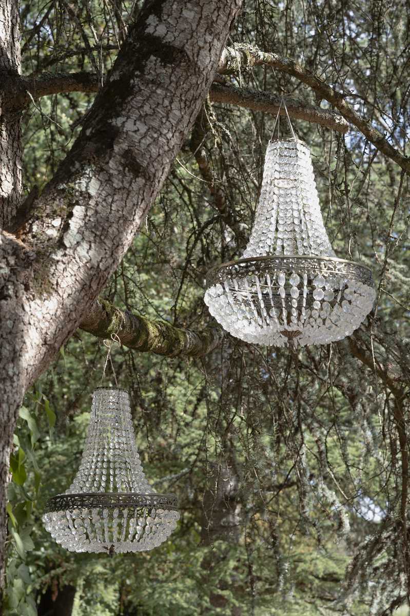 A decor detail shot showing two matching crystal beaded chandeliers hanging from the branches of a large outdoor tree, likely used for a wedding ceremony or reception area. Both chandeliers feature an empire-style silhouette with clear crystal or acrylic beads and an antique brass or bronze filigree rim band. The chandeliers are suspended at slightly different heights from separate branches, creating a layered visual effect. The styling approach is classic-meets-outdoor romantic, blending formal chandelier fixtures with a natural tree canopy setting.