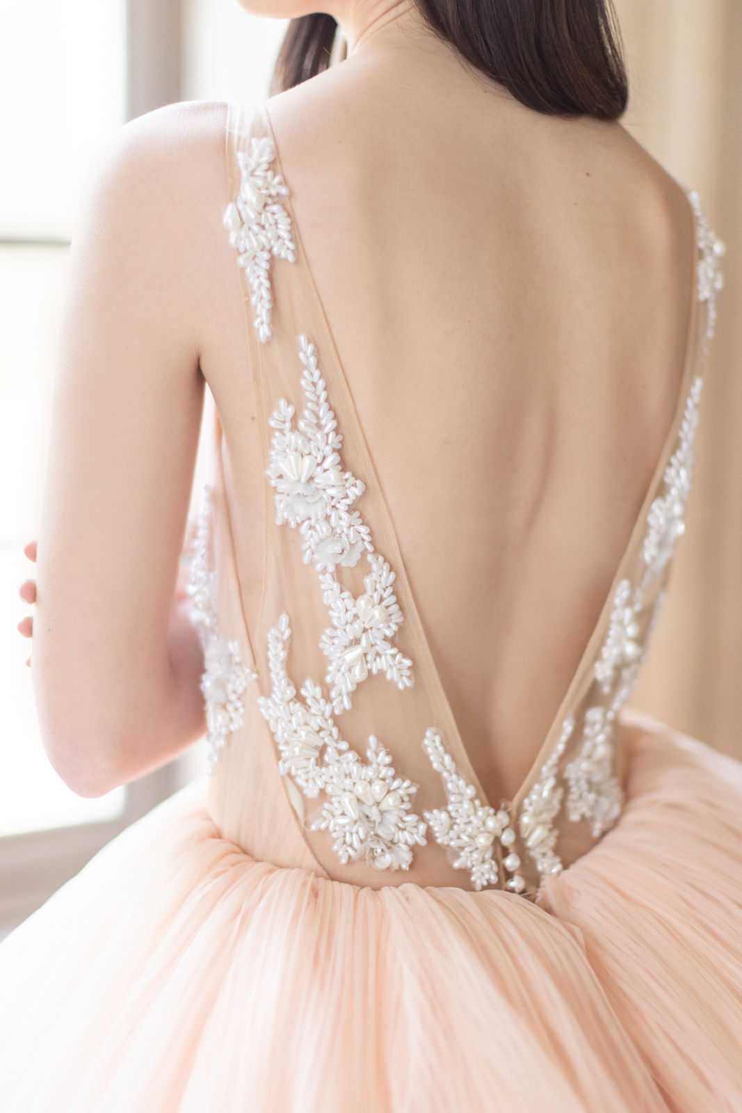 Close-up detail shot of a bride's back, taken indoors in soft natural window light during a getting-ready moment. The bride is wearing a blush peach ball gown with a deep V-back, featuring sheer illusion fabric panels adorned with intricate white beaded and floral appliqué embroidery running along the straps and back opening. The full skirt is constructed from layered, pleated blush tulle. The bride has dark hair worn down and her head is turned slightly away from the camera. The composition focuses entirely on the back detail of the gown, with the bride's arms partially visible at the sides.