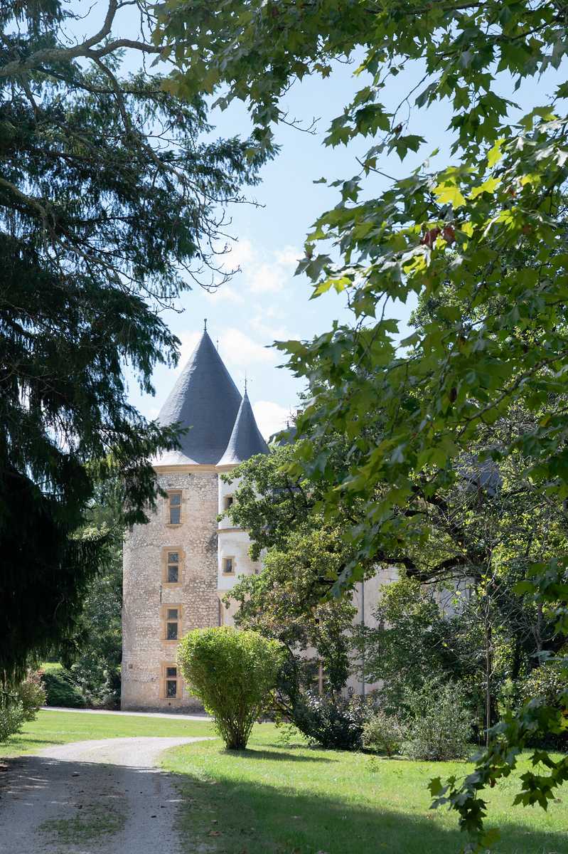 An outdoor wide shot of a French chateau viewed from its grounds, framed by mature trees in the foreground. The building features distinctive conical-roofed towers with dark slate grey pointed caps and stone facade walls in warm beige and cream tones. A gravel pathway curves through a manicured lawn toward the chateau, with trimmed hedges visible at the base of the towers. No people are present in the image. Potential venue feature image.