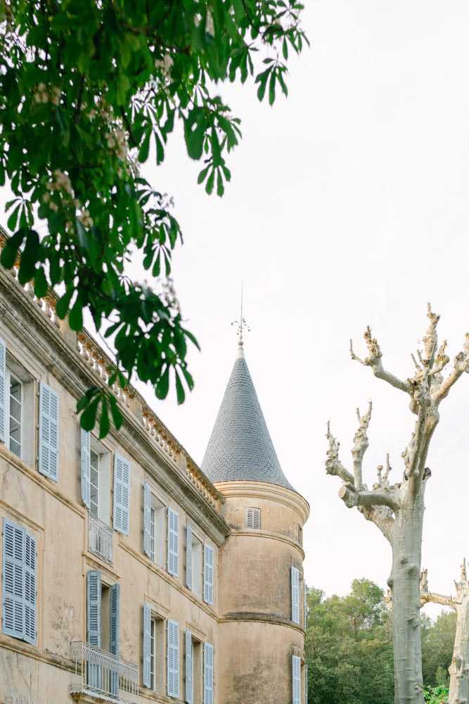 An exterior architectural shot of a French chateau featuring a distinctive conical-roofed round tower with grey slate tiles and a weathervane at its peak. The main building facade displays warm golden limestone construction with multiple rows of pale blue-grey shuttered windows across three visible stories. No people are present in the frame. The composition is a wide upward-angled shot that emphasizes the tower and facade, with tree branches framing the upper left corner of the image. Potential venue feature image.