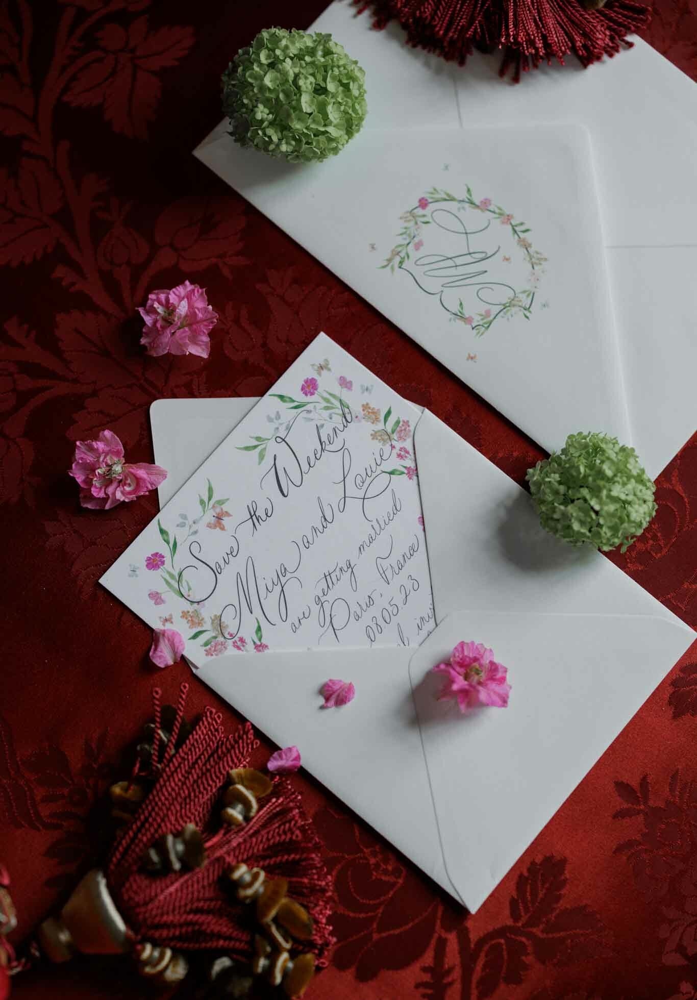 A flat lay detail shot of a wedding stationery suite arranged on a deep red damask-patterned fabric surface. The suite includes a white envelope with a hand-painted floral monogram wreath on its flap, and a 'Save the Weekend' card written in black calligraphy script, bordered with watercolor illustrations of pink and yellow flowers, green leaves, and small butterflies, announcing the marriage of Miya and Louie in Paris, France on 08.05.23. The stationery is styled with scattered loose pink rose petals, small green hydrangea ball blooms, and deep red tassel or fringe decorative elements in the corners, creating a garden-inspired, romantic aesthetic with a rich, jewel-toned color palette.