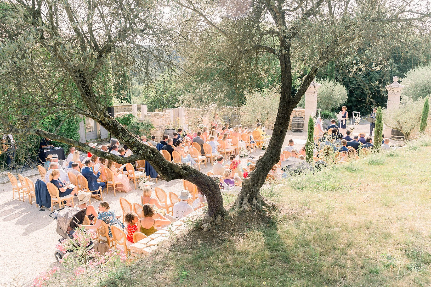 An outdoor wedding ceremony photographed from an elevated wide-angle perspective, with approximately 80–100 guests seated in natural wood Louis-style chairs arranged in rows on a gravel courtyard. The ceremony is taking place at a Provençal stone-walled venue, with what appears to be an officiant standing at a small altar area to the right, flanked by a wooden barrel and a white floral arrangement on a stand. Guests are dressed in a colorful mix of summer attire including navy, coral, red, and olive tones. The seating layout is divided by a central aisle, and the foreground is framed by the gnarled trunk and branches of a large olive tree. Potential venue feature image.