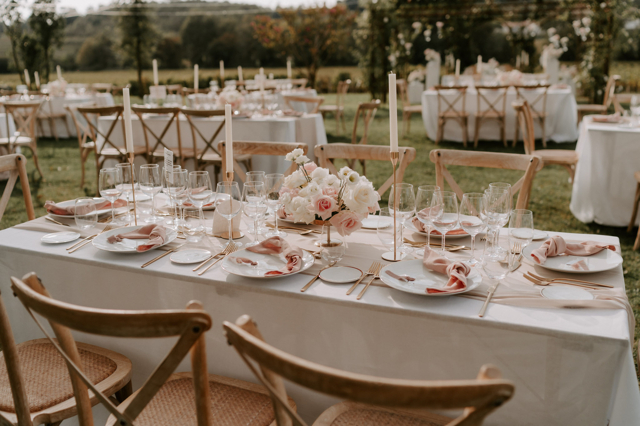 Outdoor reception tablescape with blush roses, gold taper candles, dusty rose napkins, and cross-back chairs on a grass lawn