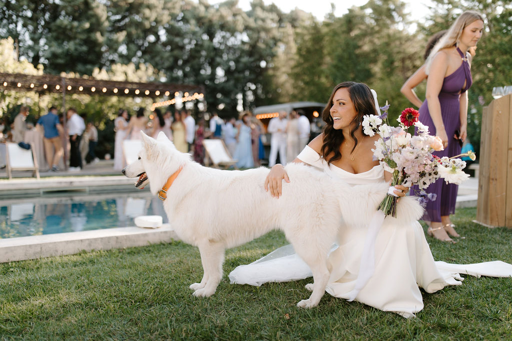 The bride is kneeling on the lawn beside a large white dog wearing an orange collar, resting her arm across its back during what appears to be an outdoor cocktail hour or reception. She is wearing an off-the-shoulder ivory gown with a train spread across the grass, and holds a colorful bridal bouquet featuring red dahlias, white daisies, lavender blooms, and pink flowers with lush greenery. In the background, a rectangular pool is visible along with a crowd of approximately 20–30 guests mingling under string lights strung across a wooden pergola structure. A woman in a deep purple halterneck bridesmaid dress stands in the right foreground. The overall decor palette mixes warm string lighting with a colorful, garden-party aesthetic. Medium-distance portrait shot with a shallow depth of field blurring the background guests.
