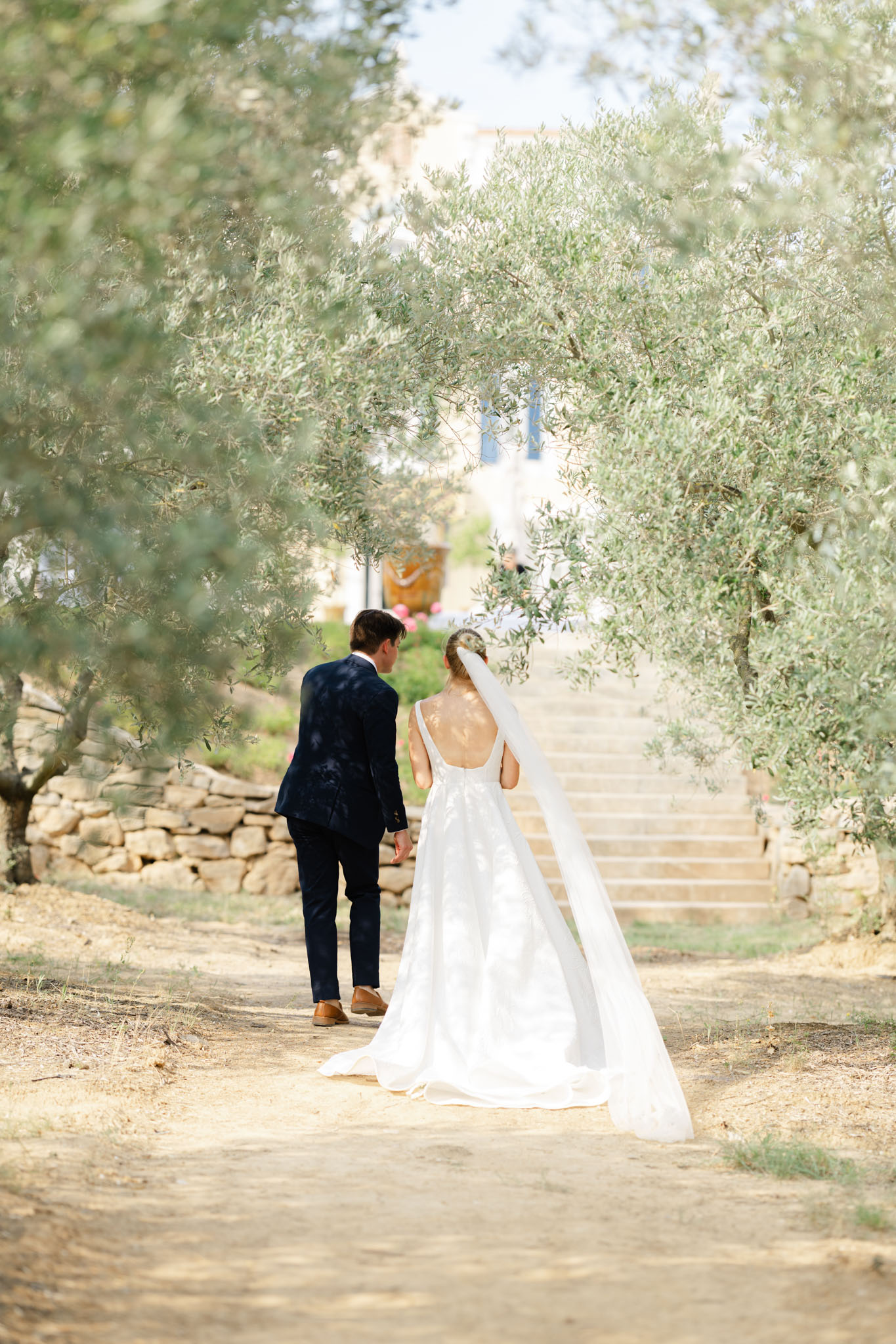 A couple portrait taken outdoors, showing the bride and groom walking away from the camera along a dry earth path lined with olive trees. The groom wears a navy suit with tan leather shoes, and the bride wears a white A-line gown with a deep open back, lace detailing, and a long cathedral-length veil trailing behind her. Stone steps lead up toward a white building partially visible in the background, with what appears to be pink floral arrangements at the base of the steps. The composition is a wide portrait shot framed by olive tree branches on either side, creating a natural tunnel effect. The overall styling is classic and clean, set within a Mediterranean-style outdoor landscape.