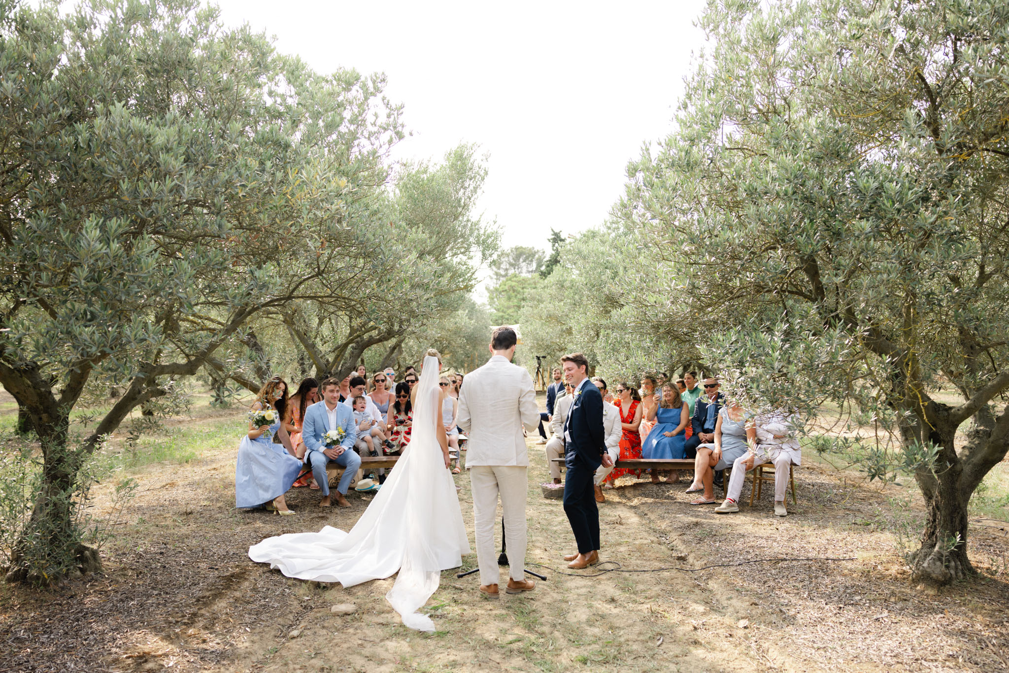 Outdoor wedding ceremony in an olive grove with couple at the altar and guests seated on wooden benches