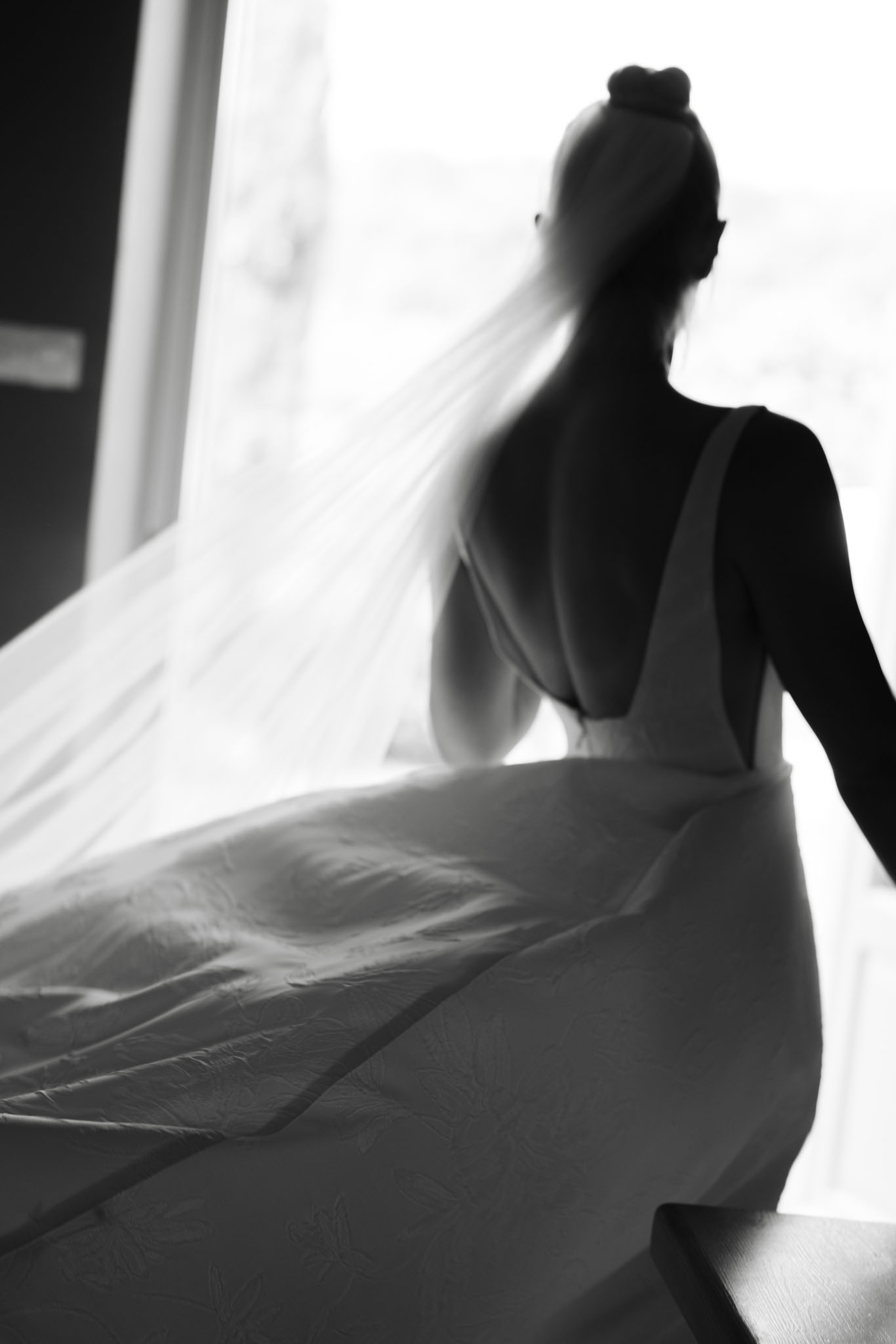 Black-and-white backlit silhouette of bride from behind showing low-back dress and flowing veil against a window