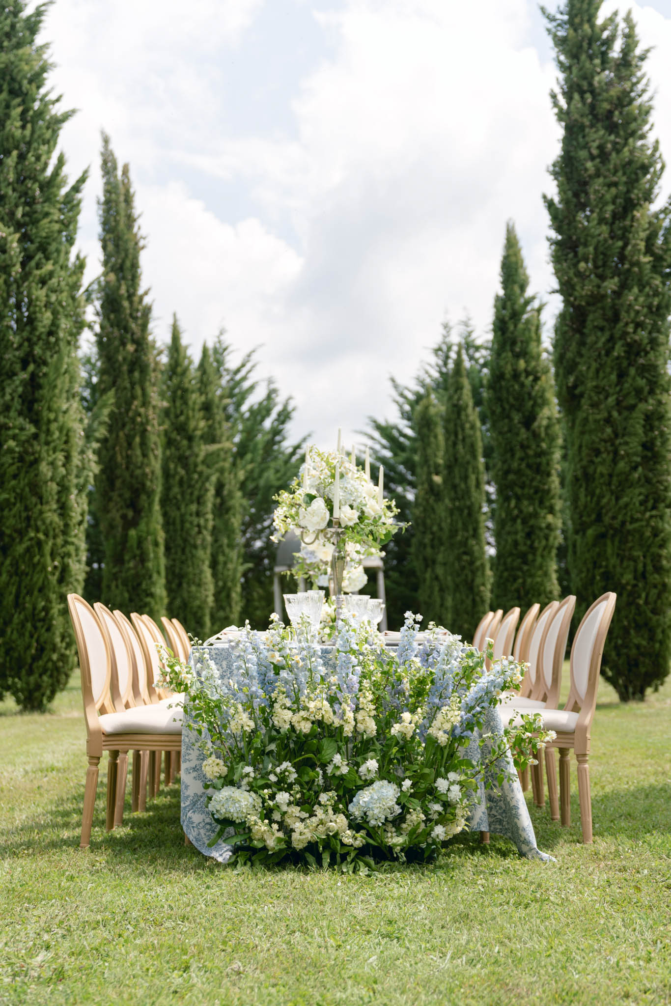 Long table in blue toile linen with cascading delphinium installation and gold candelabra between cypresses