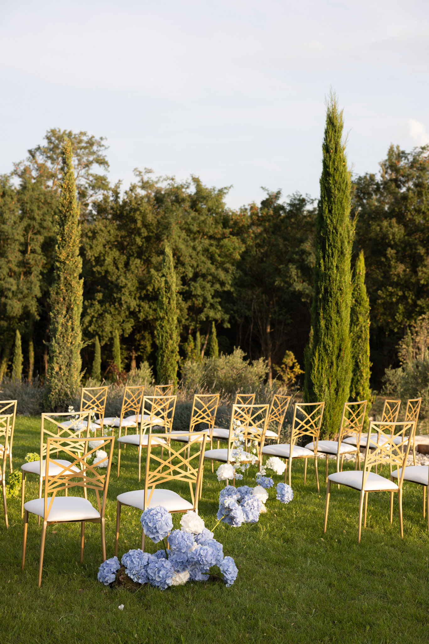 An outdoor wedding ceremony setup photographed before guests arrive, showing rows of gold cross-back chairs with white cushioned seats arranged on a manicured lawn. At the end of the aisle, a low floral arrangement of pale blue and white hydrangeas is placed on the ground as a decorative marker. Additional smaller floral clusters in the same blue and white hydrangea palette are visible along the aisle. The decor palette combines gold metalware with soft blue and white florals, suggesting a classic-meets-garden aesthetic. The wide shot is taken from behind the seating arrangement looking toward the ceremony space, with tall cypress trees framing the background.
