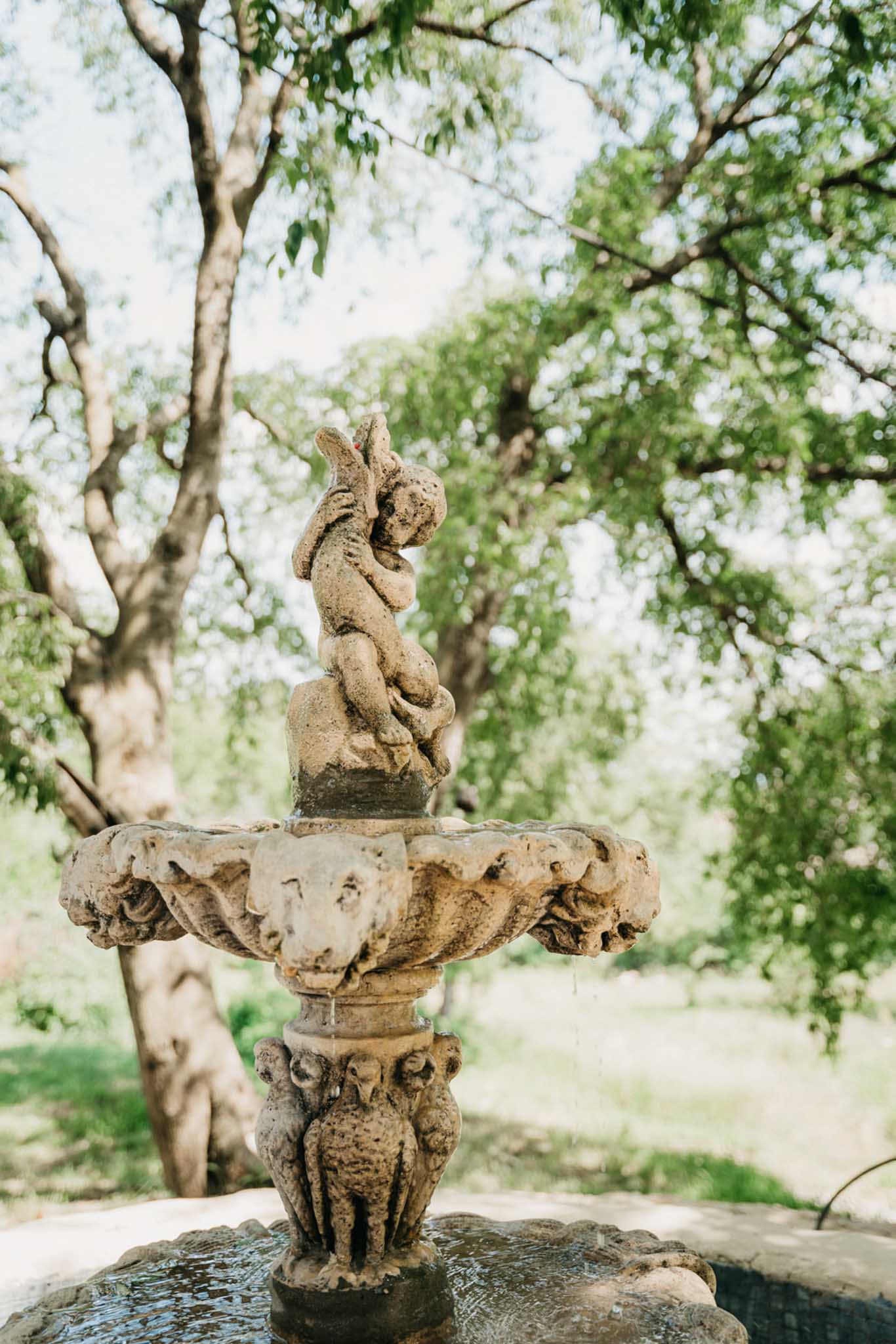 Weathered stone garden fountain with cherub figurine scalloped basin and carved animal pedestal in estate garden