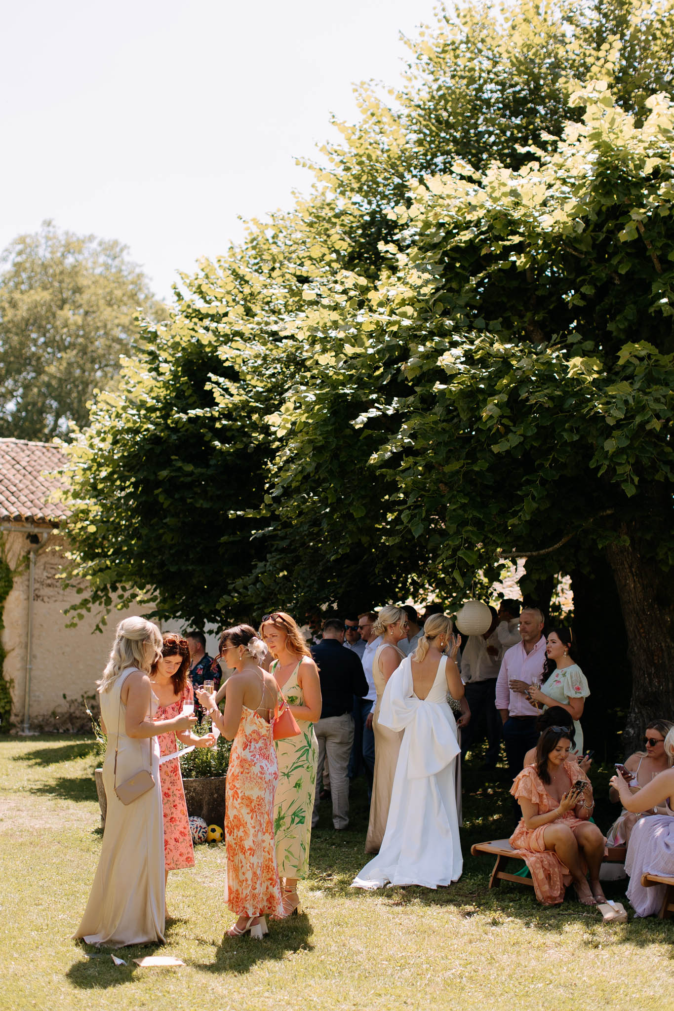 Outdoor cocktail hour on a sunlit lawn beside a rustic French property with guests mingling under trees