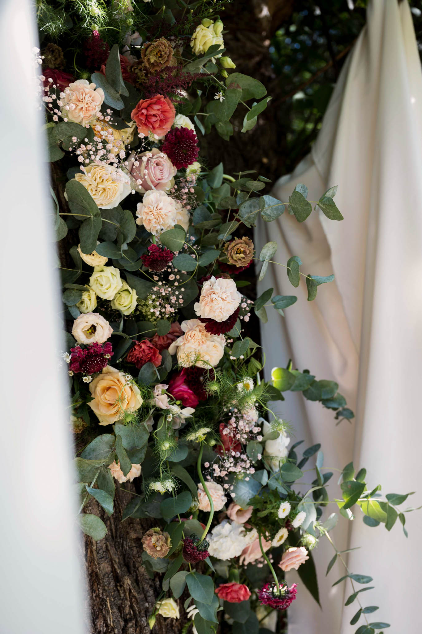 Close-up detail shot of a floral installation wrapped around a tree trunk, photographed outdoors. The arrangement features a rich, jewel-toned palette mixed with softer tones, including burgundy scabiosa, coral and peach garden roses, blush ranunculus, cream and yellow roses, dusty pink gypsophila, and wispy nigella pods, all interwoven with trailing eucalyptus foliage. An ivory or cream fabric drape is partially visible on the right side of the frame, suggesting a ceremony backdrop or altar setting. The overall styling is lush and garden-inspired with an organic, unstructured aesthetic.