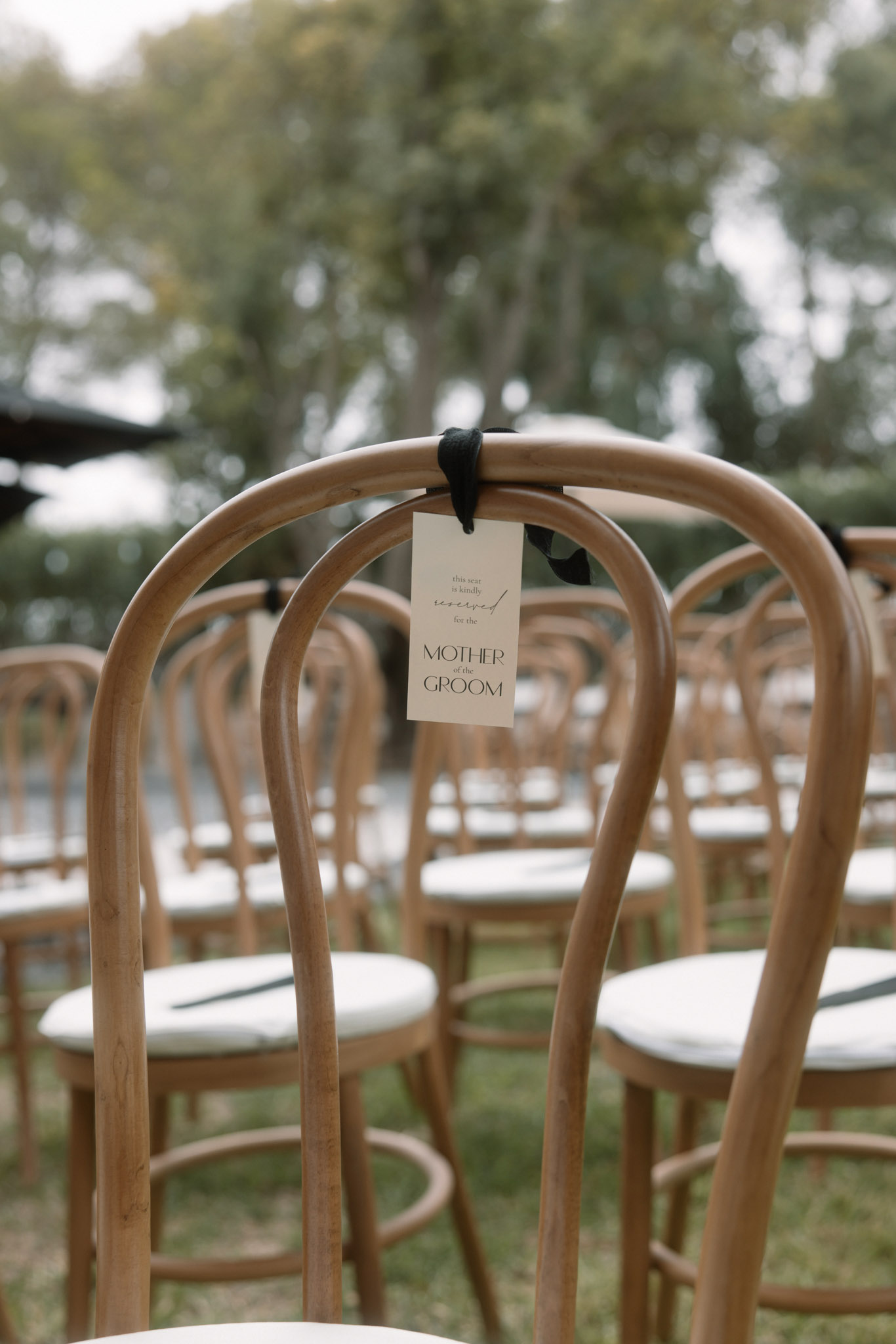 Close-up detail shot of an outdoor wedding ceremony setup showing bentwood chairs with white padded seats arranged in rows on grass. The foreground chair displays a cream-colored reserved seat tag tied with a black ribbon, printed with the text 'this seat is kindly reserved for the Mother of the Groom' in a mix of serif and script typography. Multiple rows of matching bentwood chairs extend into the background, which is softly blurred. The styling is modern-minimal with a neutral palette of natural wood tones, white, and black accents.