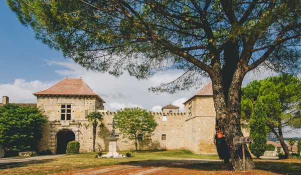 French chateau with fortified stone wall, arched gateway, tower with terracotta roof and courtyard fountain