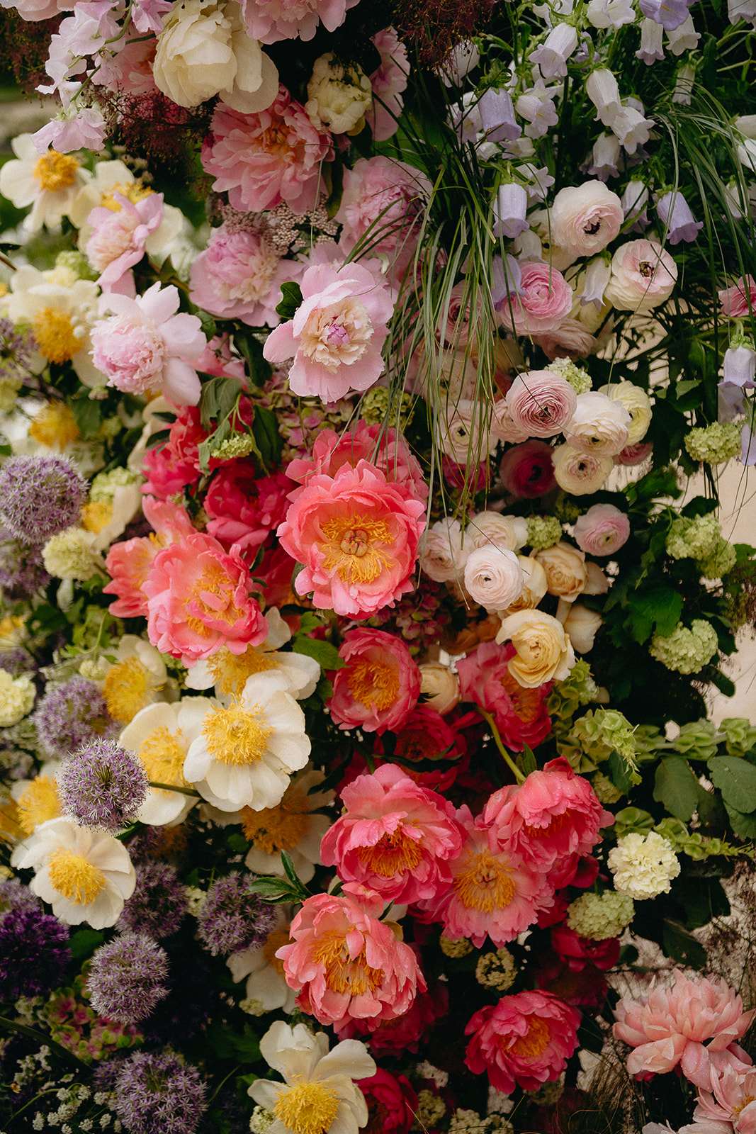 A close-up detail shot of a large-scale floral installation, likely a ceremony arch or backdrop. The arrangement is densely packed with a wide variety of flower types including coral and blush peonies, white single-petal peonies with yellow centers, cream and blush ranunculus, purple allium globes, pale lavender sweet peas, chartreuse viburnum clusters, small garden roses in cream and yellow, and trailing grasses. The color palette moves across deep coral, hot pink, blush, cream, yellow, lavender, and green, creating a garden-style maximalist floral design. No people are visible; the entire frame is filled with florals and foliage, shot in a tight vertical composition.