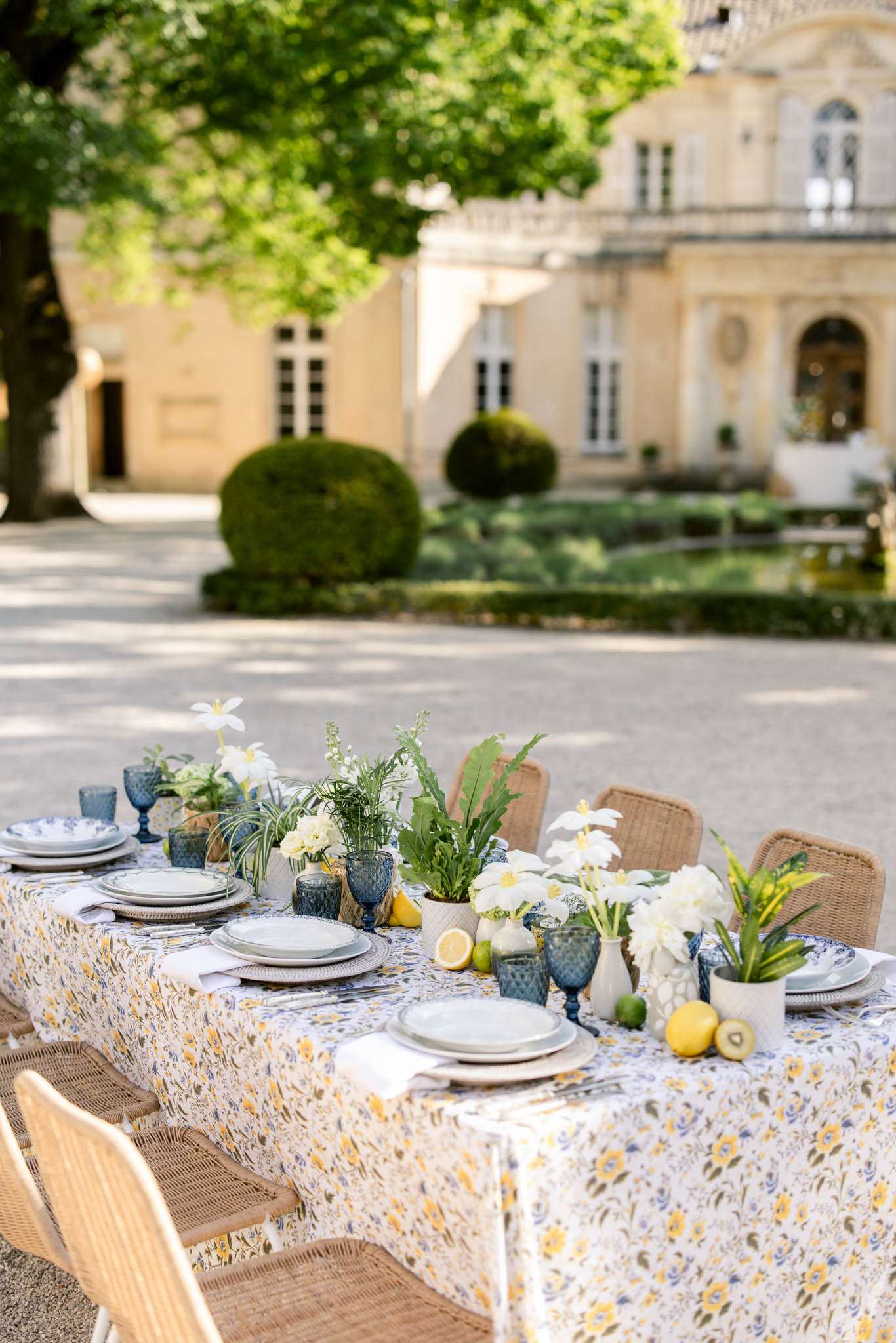 Garden-style table with botanical tablecloth, sage plates, fresh fruit, and wicker chairs