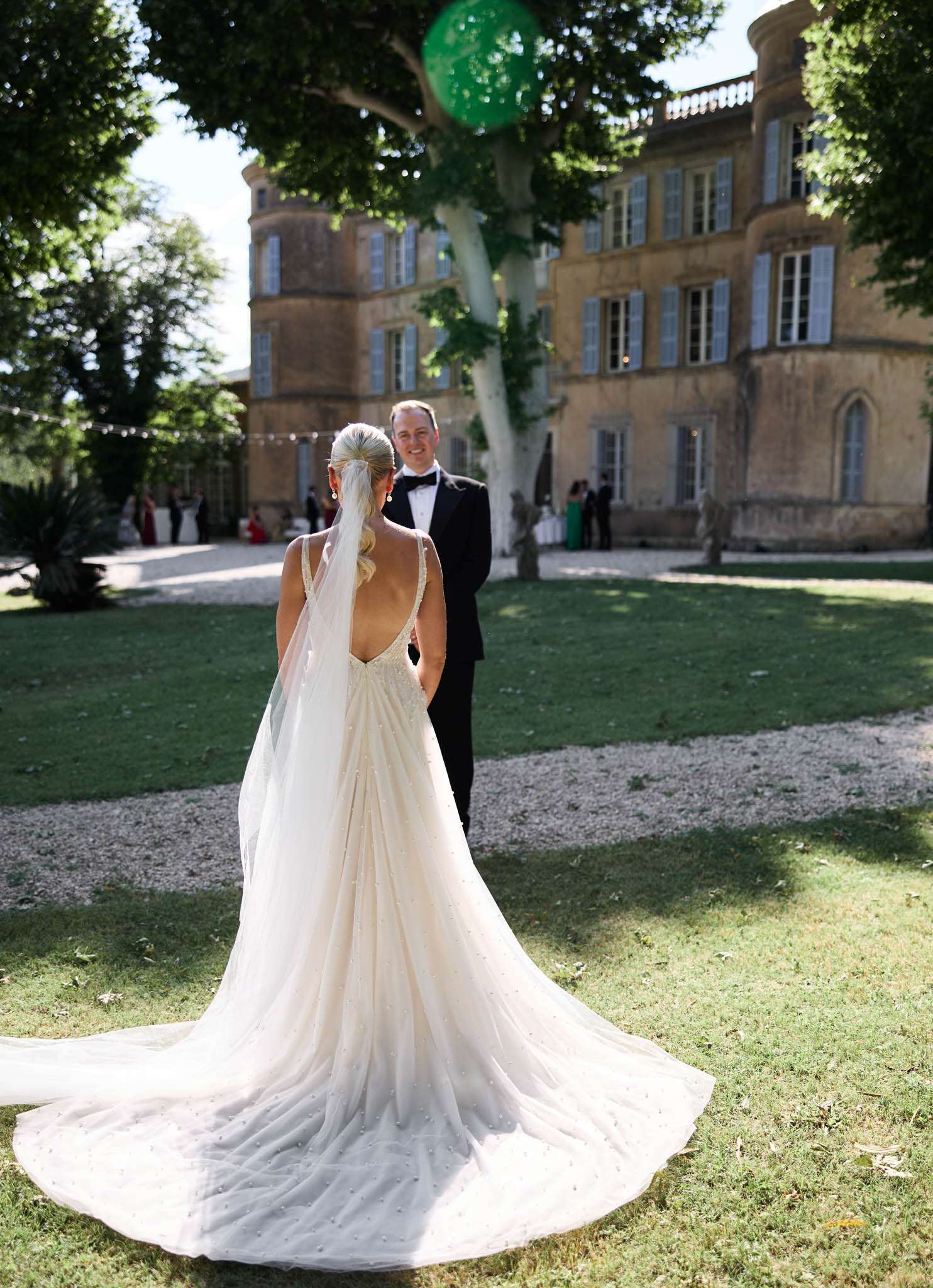 Rear view of bride in pearl-dotted tulle ballgown facing groom with chateau and guests behind