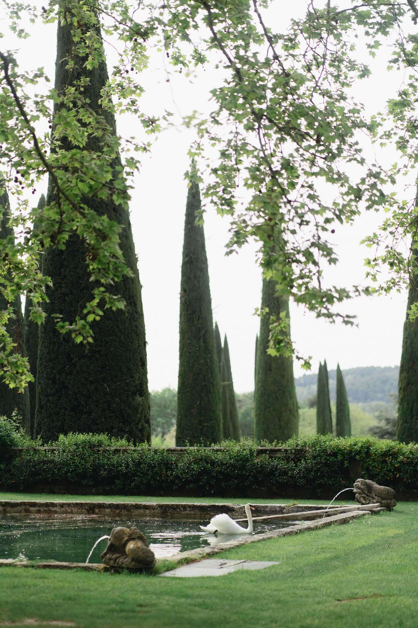 An outdoor venue grounds shot featuring a formal French-style garden with a long rectangular stone ornamental pool or canal in the foreground, fitted with stone fountain sculptures on each end that emit small water jets. A white swan rests in the water at the center of the pool. The garden is bordered by a neatly trimmed low boxwood hedge, behind which a formal allée of tall, narrow Italian cypress trees recedes into the distance. No people are visible in the frame. The wide shot is taken at ground level with soft, overcast natural light. Potential venue feature image.