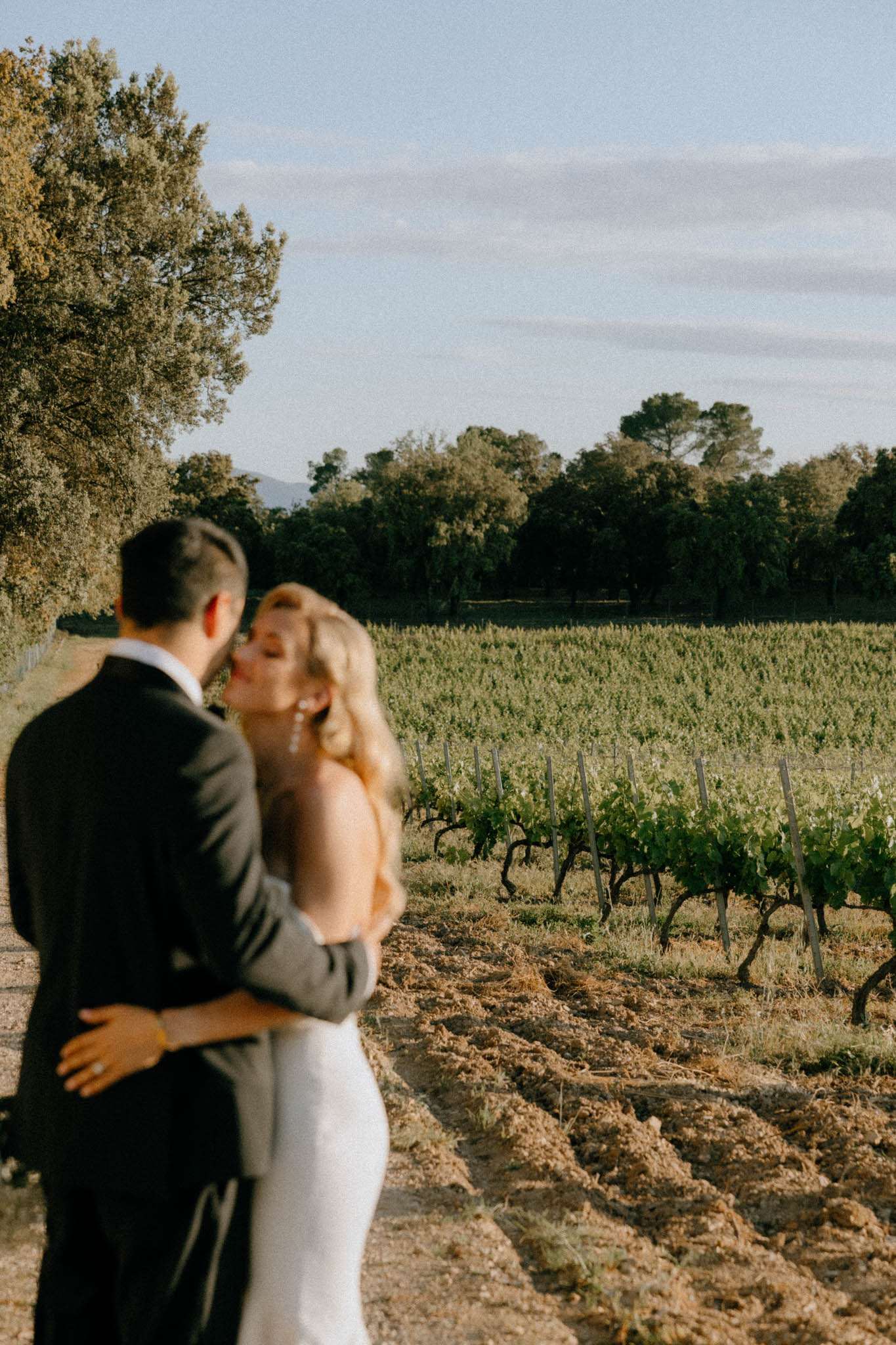 A couple portrait taken outdoors at a vineyard setting during golden hour light. The bride and groom are embracing and kissing in the foreground, intentionally shot slightly out of focus, with rows of grapevines stretching across the background in sharp focus. The groom wears a dark charcoal suit and the bride wears a fitted, sleeveless white gown, with her blonde hair worn down in loose waves. The composition is a mid-range portrait with the vineyard as the primary backdrop, shot in a film-influenced editorial style with warm tones.