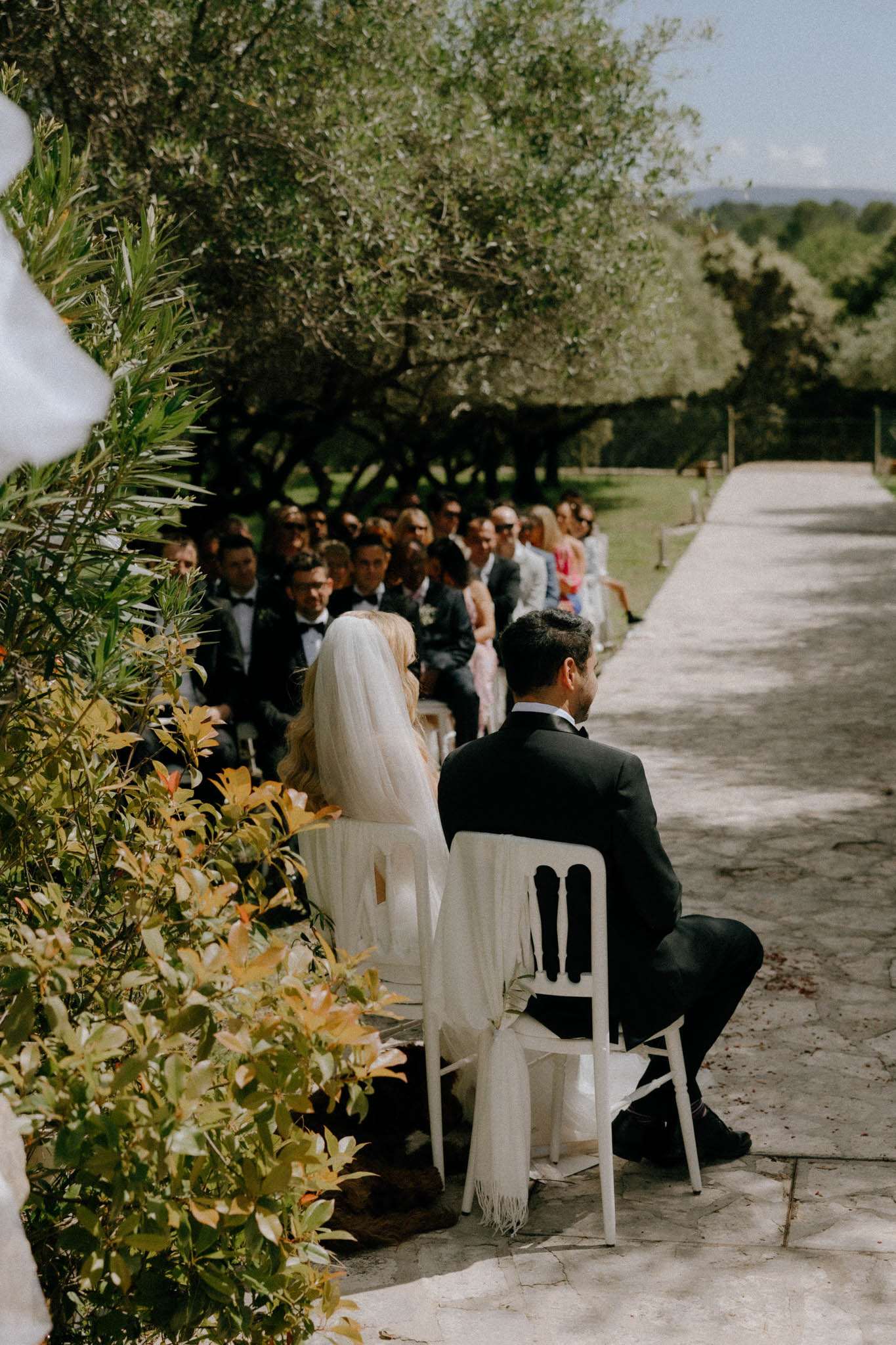 An outdoor wedding ceremony captured from behind and to the side, showing the bride and groom seated in white chairs in the foreground facing their guests. The bride wears a white dress with a long sheer veil and a white fringed shawl draped over her shoulders, while the groom wears a black tuxedo with a bow tie. Approximately 30–40 guests are seated in rows of white chairs along a stone-paved alley lined with olive trees, with the landscape opening to rolling greenery in the background. The ceremony has a classic, minimal styling with white chair seating and no visible floral aisle decorations, set in what appears to be a Provençal estate or domaine. The shot is a wide, candid angle taken from ground level beside the floral border, giving depth along the tree-lined aisle.