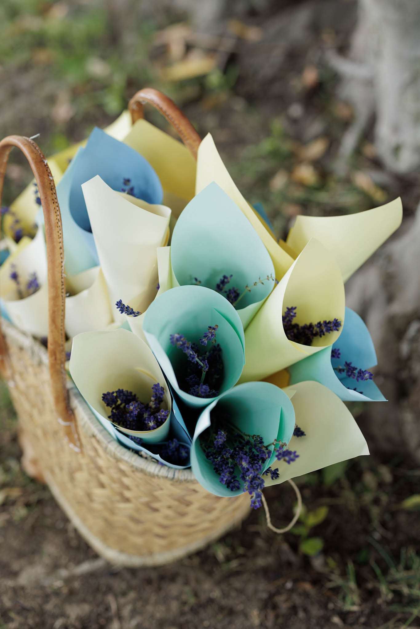 Woven basket of pastel paper confetti cones filled with dried lavender sprigs on outdoor ground