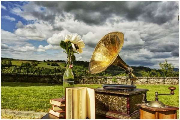 A styled wedding decor detail shot taken outdoors at what appears to be a French countryside venue, with rolling fields and a stone wall visible in the background. The vignette features a vintage brass gramophone with an ornate engraved horn placed on a decorative wooden cabinet, styled alongside a stack of aged hardcover books, a glass bottle holding a single large white peony, and a small antique coffee or spice grinder to the right. The overall styling theme is vintage and rustic, with warm brass and dark wood tones forming the decor palette. The composition is a medium close-up shot capturing the full arrangement at slight eye level against the open landscape.