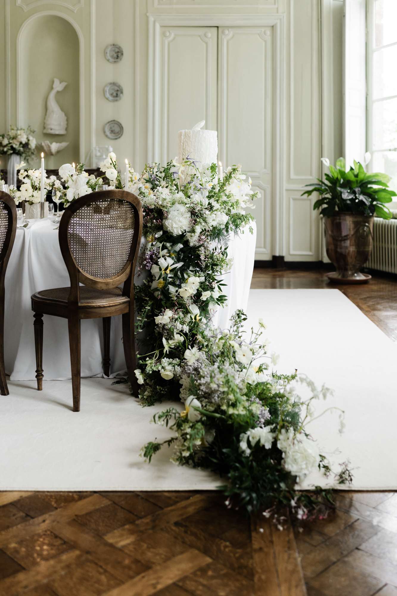 Reception dinner table set up at a French wedding venue